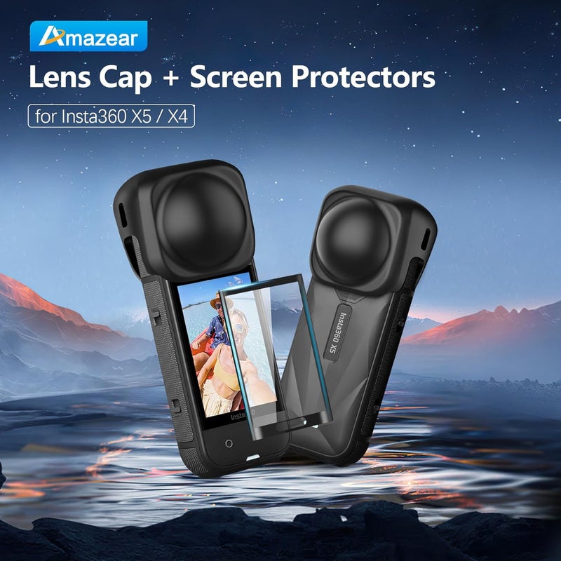 AMAZEAR Screen Protector and Lens Cap Combo for Insta360 X5 Accessories, Insta 360 X4/X5 Tempered Glass Film Screen Cover (2Pack) and Silicone Lens Guards Protective Case Bundle Kit - Image 2